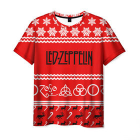 Мужская футболка 3D с принтом Праздничный Led Zeppelin в Санкт-Петербурге, 100% полиэфир | прямой крой, круглый вырез горловины, длина до линии бедер | Тематика изображения на принте: led zeppelin | блюз | группа | джимми пейдж | джон генри бонэм | джон пол джонс | знак | красный | лед зепелен | лед зеппелин | метал | надпись | новогодний | новый год | праздник | роберт плант | рождество
