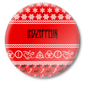 Значок с принтом Праздничный Led Zeppelin в Санкт-Петербурге,  металл | круглая форма, металлическая застежка в виде булавки | Тематика изображения на принте: led zeppelin | блюз | группа | джимми пейдж | джон генри бонэм | джон пол джонс | знак | красный | лед зепелен | лед зеппелин | метал | надпись | новогодний | новый год | праздник | роберт плант | рождество