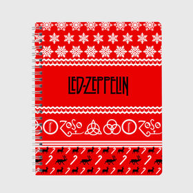 Тетрадь с принтом Праздничный Led Zeppelin в Санкт-Петербурге, 100% бумага | 48 листов, плотность листов — 60 г/м2, плотность картонной обложки — 250 г/м2. Листы скреплены сбоку удобной пружинной спиралью. Уголки страниц и обложки скругленные. Цвет линий — светло-серый
 | Тематика изображения на принте: led zeppelin | блюз | группа | джимми пейдж | джон генри бонэм | джон пол джонс | знак | красный | лед зепелен | лед зеппелин | метал | надпись | новогодний | новый год | праздник | роберт плант | рождество
