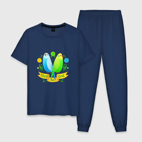 Мужская пижама хлопок с принтом Попугаи арт в Санкт-Петербурге, 100% хлопок | брюки и футболка прямого кроя, без карманов, на брюках мягкая резинка на поясе и по низу штанин
 | волнистый попугай | джунгли | попугай