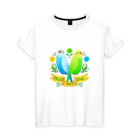 Женская футболка хлопок с принтом Попугаи арт в Санкт-Петербурге, 100% хлопок | прямой крой, круглый вырез горловины, длина до линии бедер, слегка спущенное плечо | волнистый попугай | джунгли | попугай