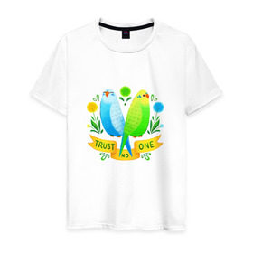 Мужская футболка хлопок с принтом Попугаи арт в Санкт-Петербурге, 100% хлопок | прямой крой, круглый вырез горловины, длина до линии бедер, слегка спущенное плечо. | волнистый попугай | джунгли | попугай