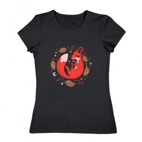 Женская футболка хлопок с принтом Лиса в Санкт-Петербурге, 100% хлопок | прямой крой, круглый вырез горловины, длина до линии бедер, слегка спущенное плечо | лиса | осень