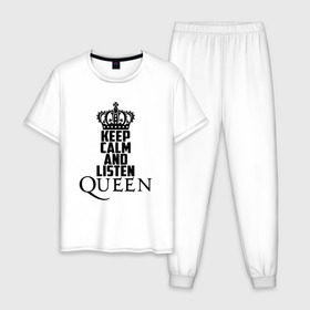 Мужская пижама хлопок с принтом Keep calm and listen Queen в Санкт-Петербурге, 100% хлопок | брюки и футболка прямого кроя, без карманов, на брюках мягкая резинка на поясе и по низу штанин
 | paul rodgers | queen | quen | брайан мэй | глэм | группа | джон дикон | квин | королева | куин | меркури | меркьюри | мэркури | поп | роджер тейлор | рок | фредди | фреди | хард | хардрок