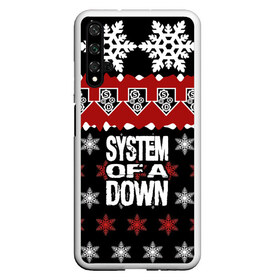 Чехол для Honor 20 с принтом Праздничный System of a Down в Санкт-Петербурге, Силикон | Область печати: задняя сторона чехла, без боковых панелей | soad | soil | system of a down | группа | дав | дарон малакян | джон долмаян | знак | красный | надпись | новогодний | новый год | оф | праздник | рождество | рок | серж танкян | систем | снежинки | соад | сод | соэд