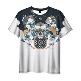 Мужская футболка 3D с принтом SKULL JAPAN в Санкт-Петербурге, 100% полиэфир | прямой крой, круглый вырез горловины, длина до линии бедер | Тематика изображения на принте: arrow | skull | белый | девушка | линии | маски.кот | модные | небо | облако | синий | скелет | стимпанк | стрелы | череп | яркие