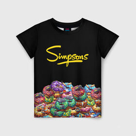 Детская футболка 3D с принтом SIMPSONS в Санкт-Петербурге, 100% гипоаллергенный полиэфир | прямой крой, круглый вырез горловины, длина до линии бедер, чуть спущенное плечо, ткань немного тянется | simpsons | еда | пончики | симпсоны