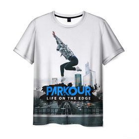 Мужская футболка 3D с принтом parkour в Санкт-Петербурге, 100% полиэфир | прямой крой, круглый вырез горловины, длина до линии бедер | extreme | jumping | parkour | speed | urban | опасность | паркур | прыжки | риск | скорость | экстрим