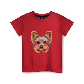Детская футболка хлопок с принтом Йоркширский терьер в очках сердечках в Санкт-Петербурге, 100% хлопок | круглый вырез горловины, полуприлегающий силуэт, длина до линии бедер | домашние животные | пес | собака | терьер