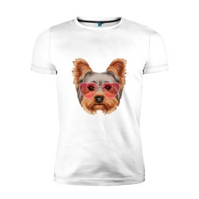 Мужская футболка премиум с принтом Йоркширский терьер в очках сердечках в Санкт-Петербурге, 92% хлопок, 8% лайкра | приталенный силуэт, круглый вырез ворота, длина до линии бедра, короткий рукав | домашние животные | пес | собака | терьер