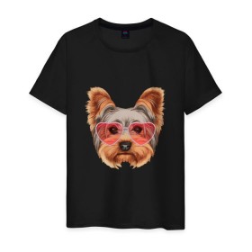 Мужская футболка хлопок с принтом Йоркширский терьер в очках сердечках в Санкт-Петербурге, 100% хлопок | прямой крой, круглый вырез горловины, длина до линии бедер, слегка спущенное плечо. | Тематика изображения на принте: домашние животные | пес | собака | терьер