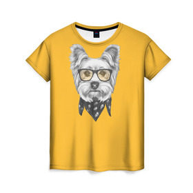 Женская футболка 3D с принтом Йоркширский терьер_в очках в Санкт-Петербурге, 100% полиэфир ( синтетическое хлопкоподобное полотно) | прямой крой, круглый вырез горловины, длина до линии бедер | домашние животные | пес | собака | терьер