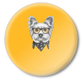 Значок с принтом Йоркширский терьер_в очках в Санкт-Петербурге,  металл | круглая форма, металлическая застежка в виде булавки | домашние животные | пес | собака | терьер
