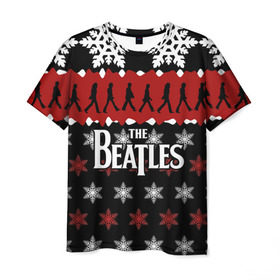 Мужская футболка 3D с принтом Праздничный The Beatles в Санкт-Петербурге, 100% полиэфир | прямой крой, круглый вырез горловины, длина до линии бедер | beatles | the beatles | бител | битлз | битлс | битлы | группа | джон леннон | джордж харрисон | жуки | знак | красный | ливерпульская четвёрка | мерсибит | надпись | новогодний | новый год | пол маккартни | поп