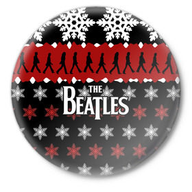 Значок с принтом Праздничный The Beatles в Санкт-Петербурге,  металл | круглая форма, металлическая застежка в виде булавки | beatles | the beatles | бител | битлз | битлс | битлы | группа | джон леннон | джордж харрисон | жуки | знак | красный | ливерпульская четвёрка | мерсибит | надпись | новогодний | новый год | пол маккартни | поп