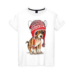 Женская футболка хлопок с принтом Чихуахуа в шапочке в Санкт-Петербурге, 100% хлопок | прямой крой, круглый вырез горловины, длина до линии бедер, слегка спущенное плечо | домашние животные | пес | песик | собака | собачка | чихуахуа