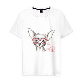 Мужская футболка хлопок с принтом Чихуахуа в розовых очках в Санкт-Петербурге, 100% хлопок | прямой крой, круглый вырез горловины, длина до линии бедер, слегка спущенное плечо. | домашние животные | пес | собака
