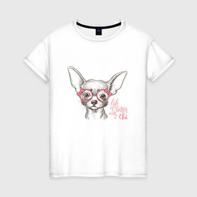 Женская футболка хлопок с принтом Чихуахуа в розовых очках в Санкт-Петербурге, 100% хлопок | прямой крой, круглый вырез горловины, длина до линии бедер, слегка спущенное плечо | домашние животные | пес | собака