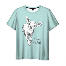 Мужская футболка 3D с принтом I love my pet в Санкт-Петербурге, 100% полиэфир | прямой крой, круглый вырез горловины, длина до линии бедер | домашние животные | пес | песик | собака | собачка | чихуахуа
