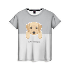 Женская футболка 3D с принтом Лабрадор щенок в Санкт-Петербурге, 100% полиэфир ( синтетическое хлопкоподобное полотно) | прямой крой, круглый вырез горловины, длина до линии бедер | домашние животные | лабрадор | пес | песик | ретривер | собака | собачка