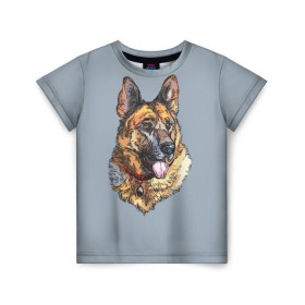 Детская футболка 3D с принтом Немецкая овчарка арт в Санкт-Петербурге, 100% гипоаллергенный полиэфир | прямой крой, круглый вырез горловины, длина до линии бедер, чуть спущенное плечо, ткань немного тянется | домашние животные | овчарка | пес | собака