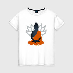 Женская футболка хлопок с принтом Лотос и Будда в Санкт-Петербурге, 100% хлопок | прямой крой, круглый вырез горловины, длина до линии бедер, слегка спущенное плечо | будда | буддизм | лотос | оранжевый | символ | цветок