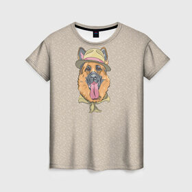 Женская футболка 3D с принтом Немецкая овчарка в шляпке в Санкт-Петербурге, 100% полиэфир ( синтетическое хлопкоподобное полотно) | прямой крой, круглый вырез горловины, длина до линии бедер | домашние животные | овчарка | пес | собака