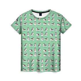 Женская футболка 3D с принтом Веселые хаски в Санкт-Петербурге, 100% полиэфир ( синтетическое хлопкоподобное полотно) | прямой крой, круглый вырез горловины, длина до линии бедер | домашние животные | пес | песик | собака | собачка | хаски