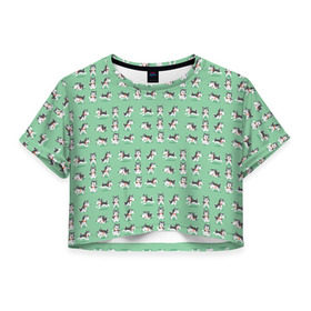 Женская футболка 3D укороченная с принтом Веселые хаски в Санкт-Петербурге, 100% полиэстер | круглая горловина, длина футболки до линии талии, рукава с отворотами | домашние животные | пес | песик | собака | собачка | хаски