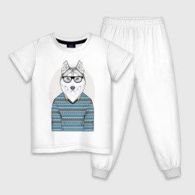 Детская пижама хлопок с принтом Хаски в свитере в Санкт-Петербурге, 100% хлопок |  брюки и футболка прямого кроя, без карманов, на брюках мягкая резинка на поясе и по низу штанин
 | домашние животные | пес | песик | собака | собачка | хаски