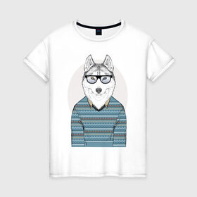 Женская футболка хлопок с принтом Хаски в свитере в Санкт-Петербурге, 100% хлопок | прямой крой, круглый вырез горловины, длина до линии бедер, слегка спущенное плечо | домашние животные | пес | песик | собака | собачка | хаски