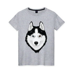 Женская футболка хлопок с принтом Хаски с разными глазами в Санкт-Петербурге, 100% хлопок | прямой крой, круглый вырез горловины, длина до линии бедер, слегка спущенное плечо | домашние животные | пес | собака