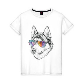 Женская футболка хлопок с принтом Хаски в очках в Санкт-Петербурге, 100% хлопок | прямой крой, круглый вырез горловины, длина до линии бедер, слегка спущенное плечо | бандит | домашние животные | пес | песик | собака | собачка | хаски | хаски бандит