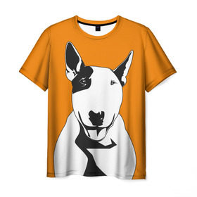 Мужская футболка 3D с принтом Солнечнй бультерьер в Санкт-Петербурге, 100% полиэфир | прямой крой, круглый вырез горловины, длина до линии бедер | Тематика изображения на принте: бультерьер | домашние животные | пес | песик | собака | собачка