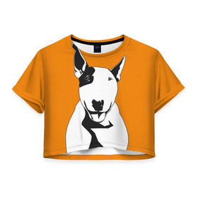 Женская футболка 3D укороченная с принтом Солнечнй бультерьер в Санкт-Петербурге, 100% полиэстер | круглая горловина, длина футболки до линии талии, рукава с отворотами | Тематика изображения на принте: бультерьер | домашние животные | пес | песик | собака | собачка