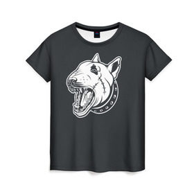 Женская футболка 3D с принтом Опасный бультерьер в Санкт-Петербурге, 100% полиэфир ( синтетическое хлопкоподобное полотно) | прямой крой, круглый вырез горловины, длина до линии бедер | домашние животные | пес | собака