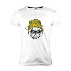 Мужская футболка премиум с принтом Мопсик в шапочке в Санкт-Петербурге, 92% хлопок, 8% лайкра | приталенный силуэт, круглый вырез ворота, длина до линии бедра, короткий рукав | домашние животные | пес | собака | хипстер