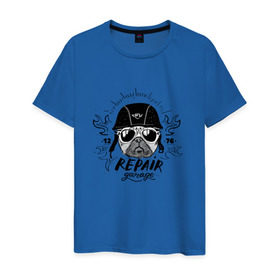 Мужская футболка хлопок с принтом Repair garage в Санкт-Петербурге, 100% хлопок | прямой крой, круглый вырез горловины, длина до линии бедер, слегка спущенное плечо. | домашние животные | мопс | пес | песик | собака | собачка