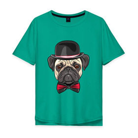 Мужская футболка хлопок Oversize с принтом Мопсик в цилиндре в Санкт-Петербурге, 100% хлопок | свободный крой, круглый ворот, “спинка” длиннее передней части | домашние животные | мопс | пес | песик | собака | собачка