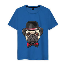 Мужская футболка хлопок с принтом Мопсик в цилиндре в Санкт-Петербурге, 100% хлопок | прямой крой, круглый вырез горловины, длина до линии бедер, слегка спущенное плечо. | Тематика изображения на принте: домашние животные | мопс | пес | песик | собака | собачка