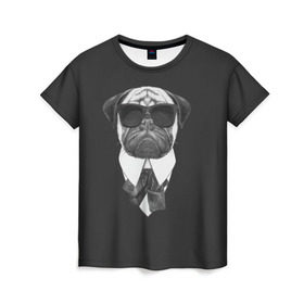 Женская футболка 3D с принтом Мопс в черном в Санкт-Петербурге, 100% полиэфир ( синтетическое хлопкоподобное полотно) | прямой крой, круглый вырез горловины, длина до линии бедер | домашние животные | мопс | пес | песик | собака | собачка