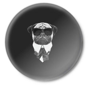 Значок с принтом Мопс в черном в Санкт-Петербурге,  металл | круглая форма, металлическая застежка в виде булавки | Тематика изображения на принте: домашние животные | мопс | пес | песик | собака | собачка