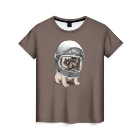 Женская футболка 3D с принтом Мопсик в скафандре в Санкт-Петербурге, 100% полиэфир ( синтетическое хлопкоподобное полотно) | прямой крой, круглый вырез горловины, длина до линии бедер | домашние животные | мопс | пес | песик | собака | собачка
