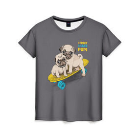 Женская футболка 3D с принтом Street skate PUPS в Санкт-Петербурге, 100% полиэфир ( синтетическое хлопкоподобное полотно) | прямой крой, круглый вырез горловины, длина до линии бедер | домашние животные | мопс | пес | песик | собака | собачка