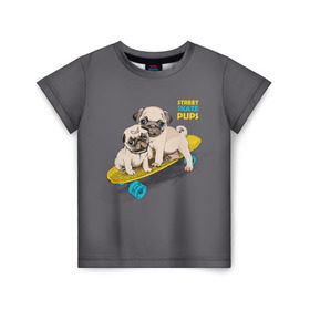 Детская футболка 3D с принтом Street skate PUPS в Санкт-Петербурге, 100% гипоаллергенный полиэфир | прямой крой, круглый вырез горловины, длина до линии бедер, чуть спущенное плечо, ткань немного тянется | домашние животные | мопс | пес | песик | собака | собачка