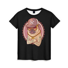 Женская футболка 3D с принтом Ганстамопс в Санкт-Петербурге, 100% полиэфир ( синтетическое хлопкоподобное полотно) | прямой крой, круглый вырез горловины, длина до линии бедер | домашние животные | мопс | пес | песик | собака | собачка
