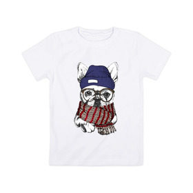 Детская футболка хлопок с принтом Бултдог в шарфике в Санкт-Петербурге, 100% хлопок | круглый вырез горловины, полуприлегающий силуэт, длина до линии бедер | бульдог | домашние животные | пес | песик | собака | собачка | французский бульдог