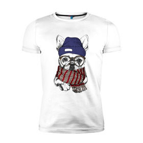 Мужская футболка премиум с принтом Бултдог в шарфике в Санкт-Петербурге, 92% хлопок, 8% лайкра | приталенный силуэт, круглый вырез ворота, длина до линии бедра, короткий рукав | бульдог | домашние животные | пес | песик | собака | собачка | французский бульдог