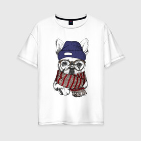 Женская футболка хлопок Oversize с принтом Бултдог в шарфике в Санкт-Петербурге, 100% хлопок | свободный крой, круглый ворот, спущенный рукав, длина до линии бедер
 | бульдог | домашние животные | пес | песик | собака | собачка | французский бульдог