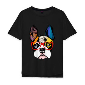 Мужская футболка хлопок Oversize с принтом Лоскутный мопс в Санкт-Петербурге, 100% хлопок | свободный крой, круглый ворот, “спинка” длиннее передней части | Тематика изображения на принте: бульдог | домашние животные | пес | песик | собака | собачка | французский бульдог